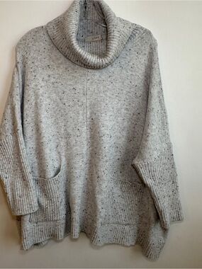 LOFT Light Gray Speckled Cowl Neck Pocket Sweater